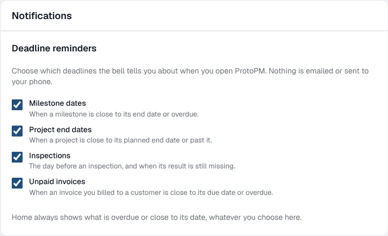 Deadline reminders in Settings, Notifications, with switches for Milestone dates, Project end dates, Inspections and Unpaid invoices