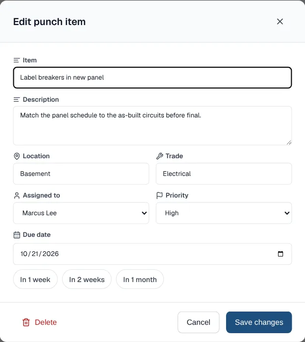 Edit punch item window with the item, description, location, trade, assigned to, priority set to High, a due date and quick picks