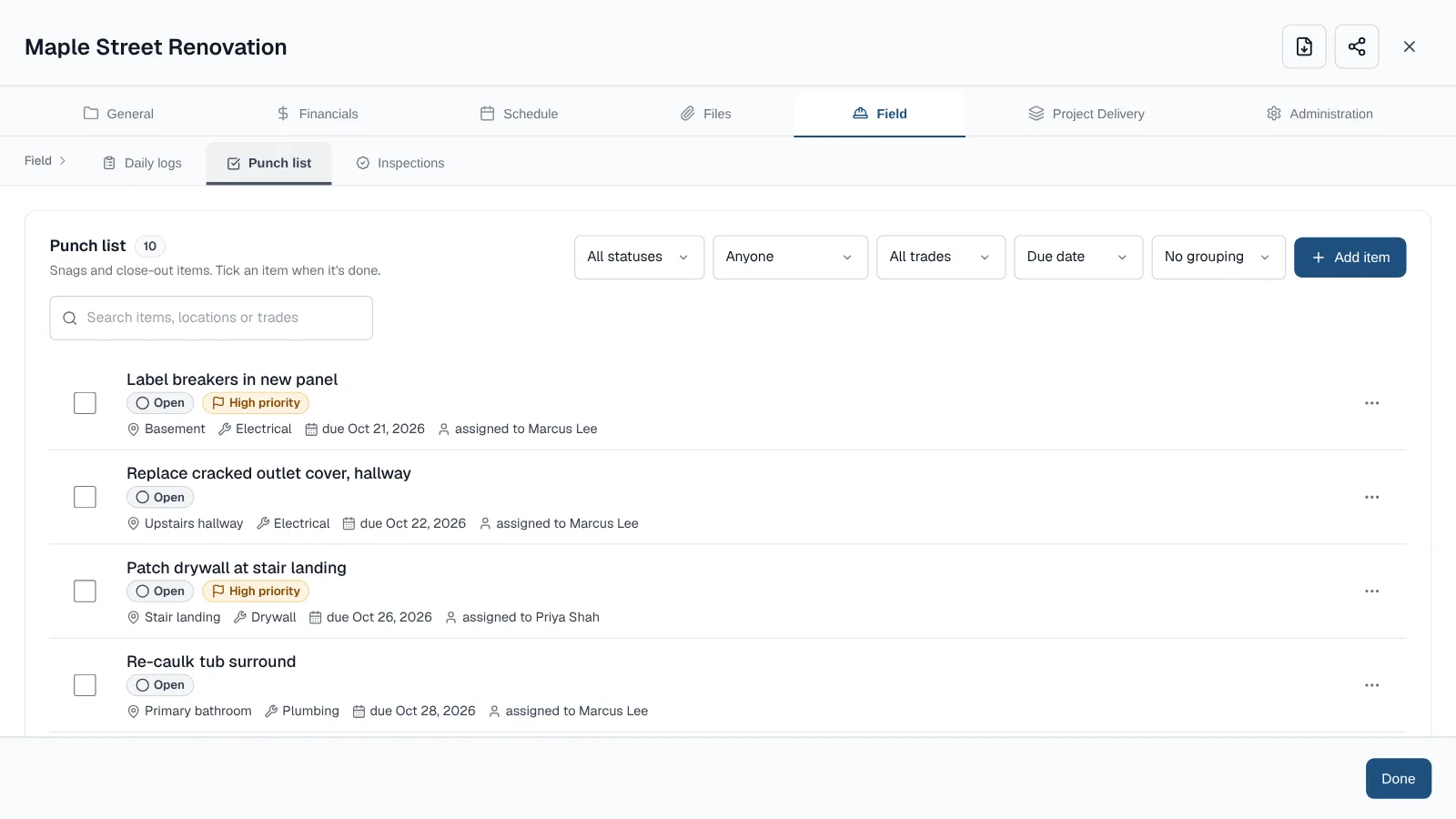 Punch list with filters for status, person, trade, sort and grouping, a search box, and items showing High priority badges, locations, trades, due dates and who they are assigned to
