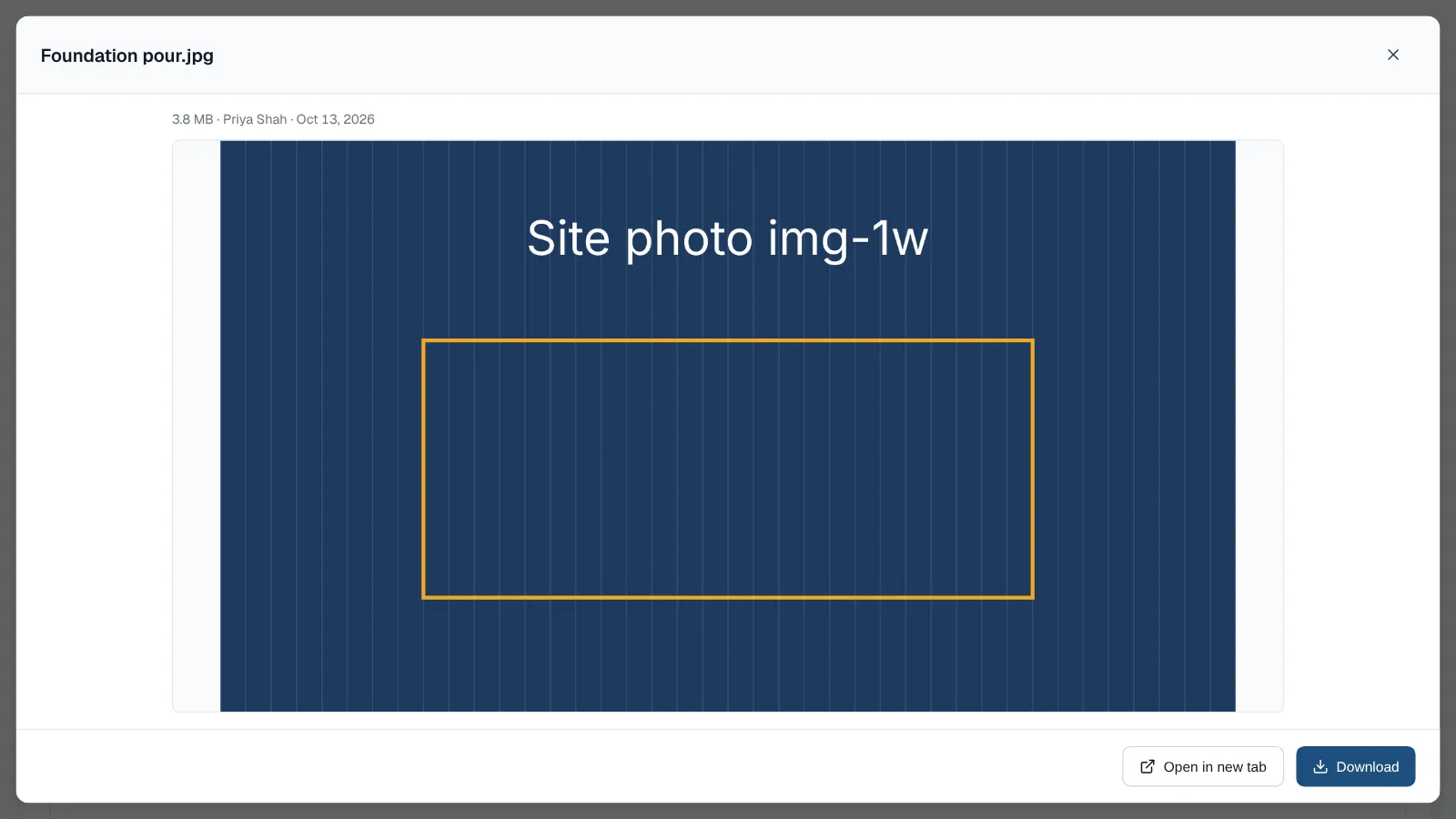File preview window showing a site photo with its size, uploader and date, and Open in new tab and Download buttons