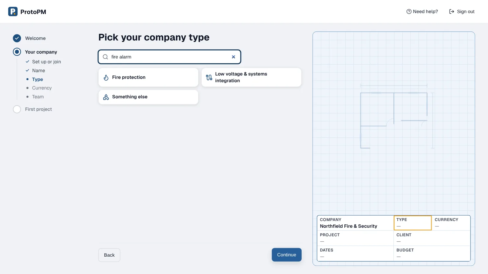 Pick your company type screen searched for fire alarm, showing Fire protection and Low voltage & systems integration as matches