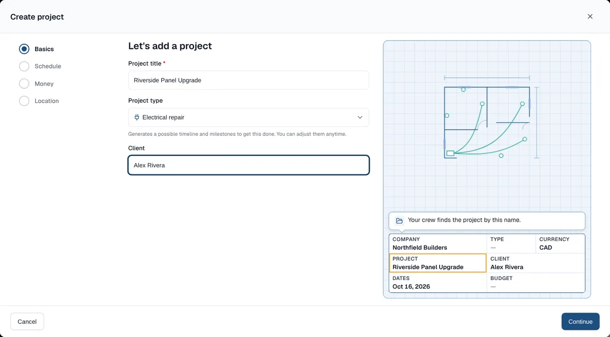 Create project on the Basics step with a project title, Electrical repair as the project type and a client name, next to a live blueprint preview of the project