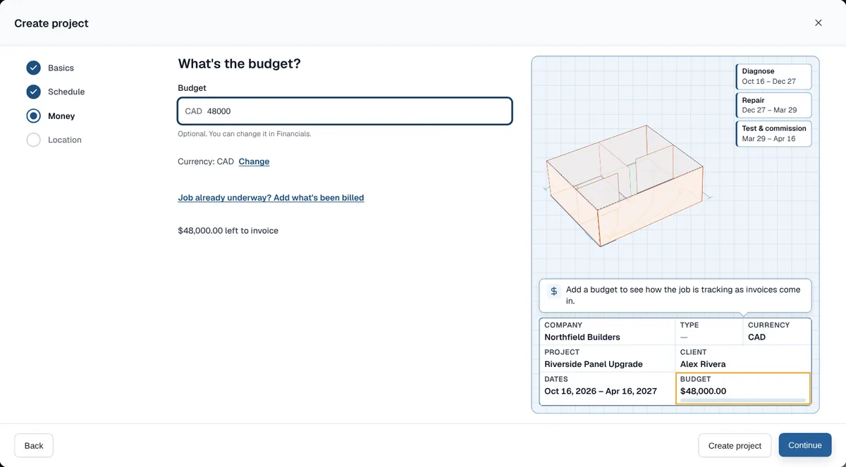 Create project on the Money step with a budget of 48,000 Canadian dollars and a link to add what has already been billed