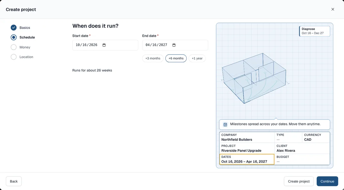 Create project on the Schedule step with start and end dates and the +3 months, +6 months and +1 year quick picks