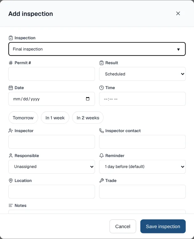 Add inspection window with an inspection type picker, permit number, result, date and time with quick picks, inspector and contact, responsible person, reminder, location and trade