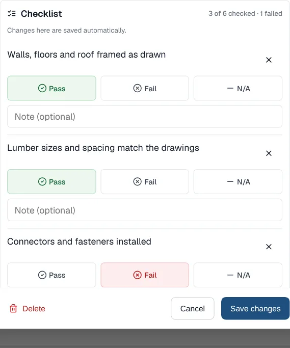 A framing inspection checklist with two lines marked Pass, one marked Fail with an Add to punch list button, and 3 of 6 checked at the top